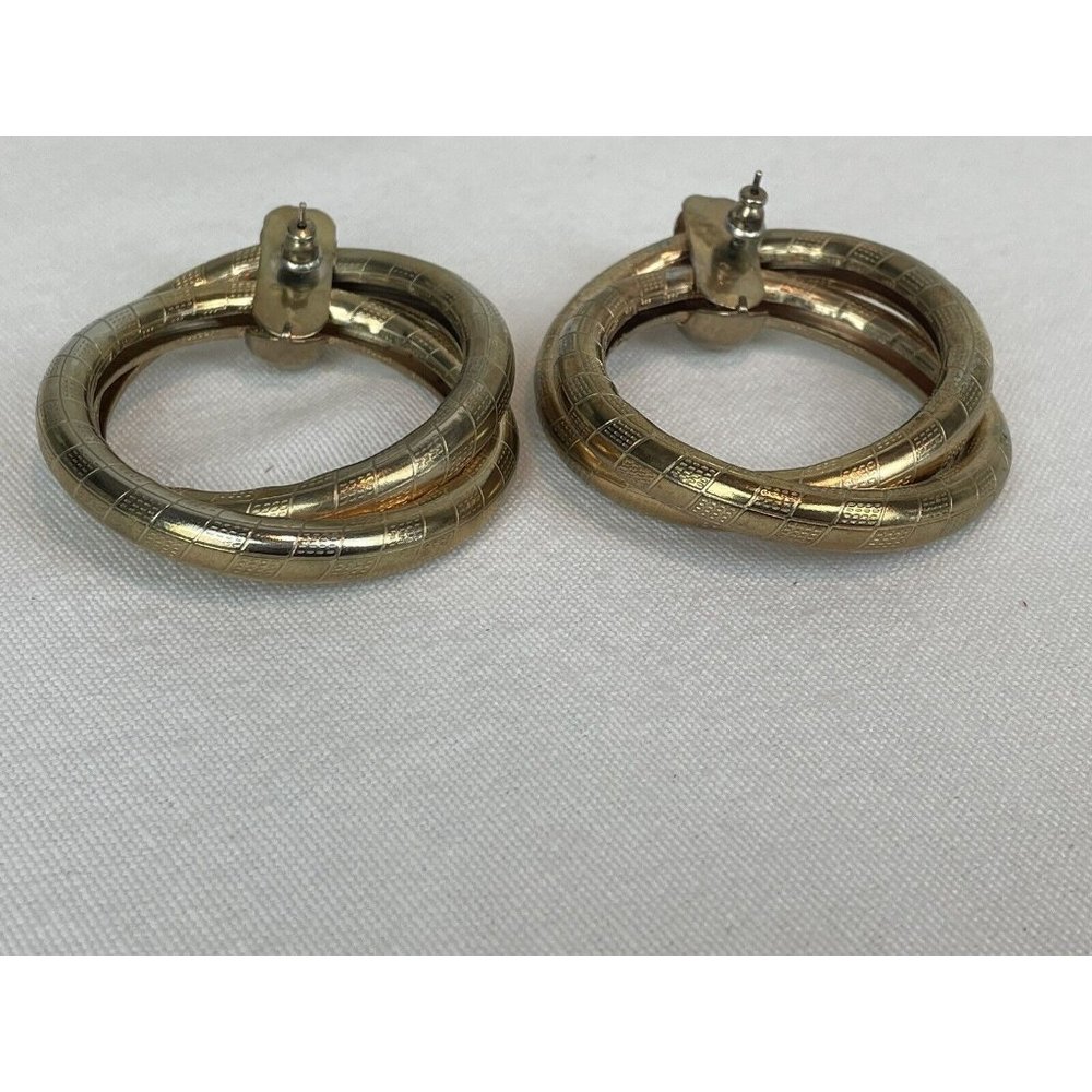 Vintage Extra-Large Hoop Earrings Gold Tone Pierced Statement Etched Brass - Picture 7 of 9